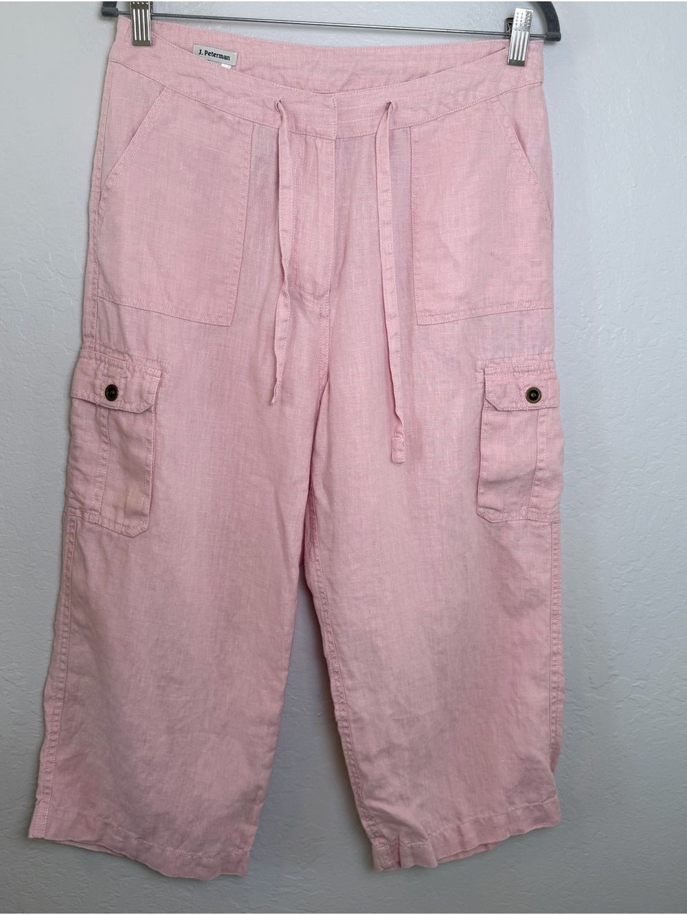 J. Peterman 100% Linen Pale Pink Pants Drawstring Cargo Cropped Capris Size 10